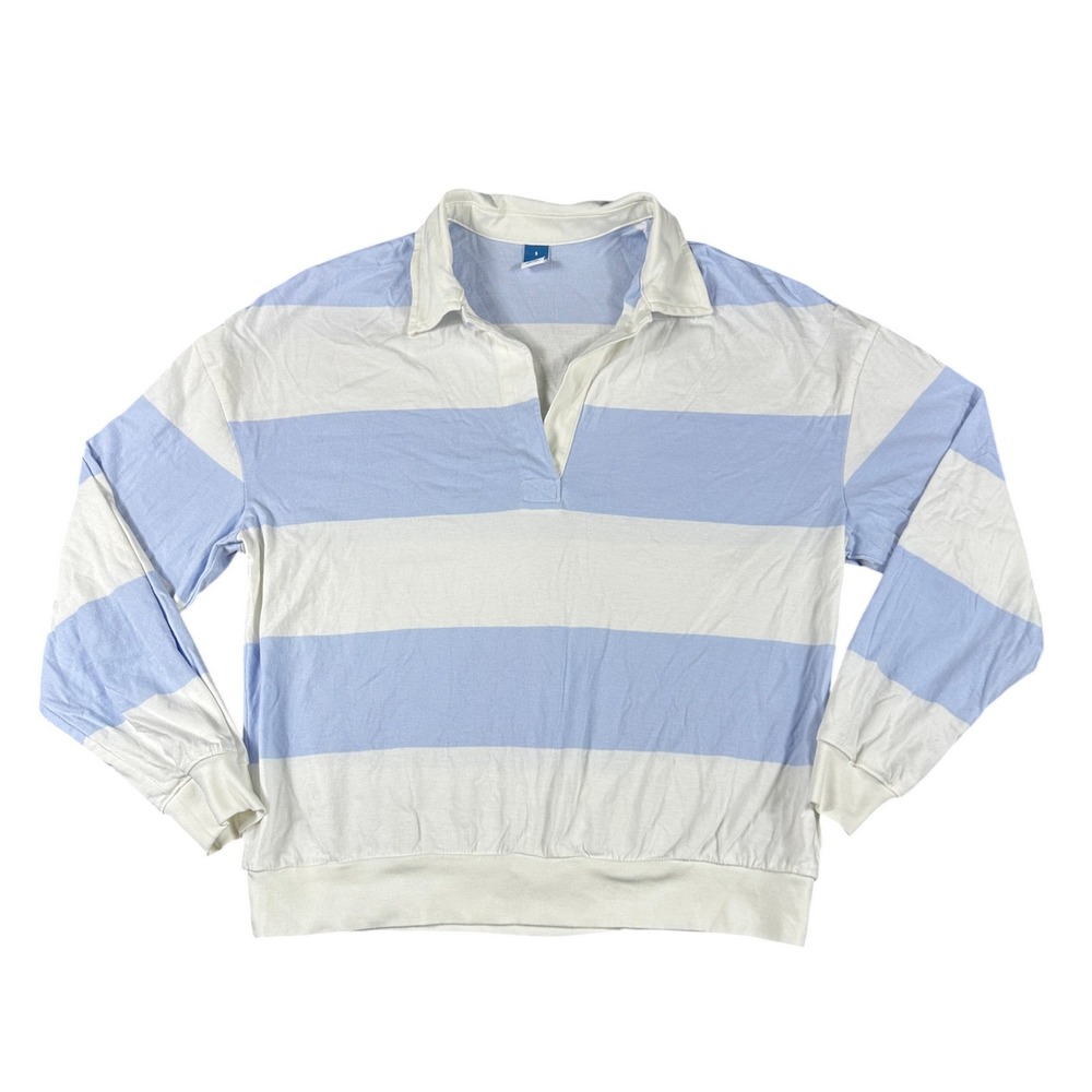 Old Navy Womens Small Blue White Striped Long Sleeve Rugby Polo Shirt Preppy